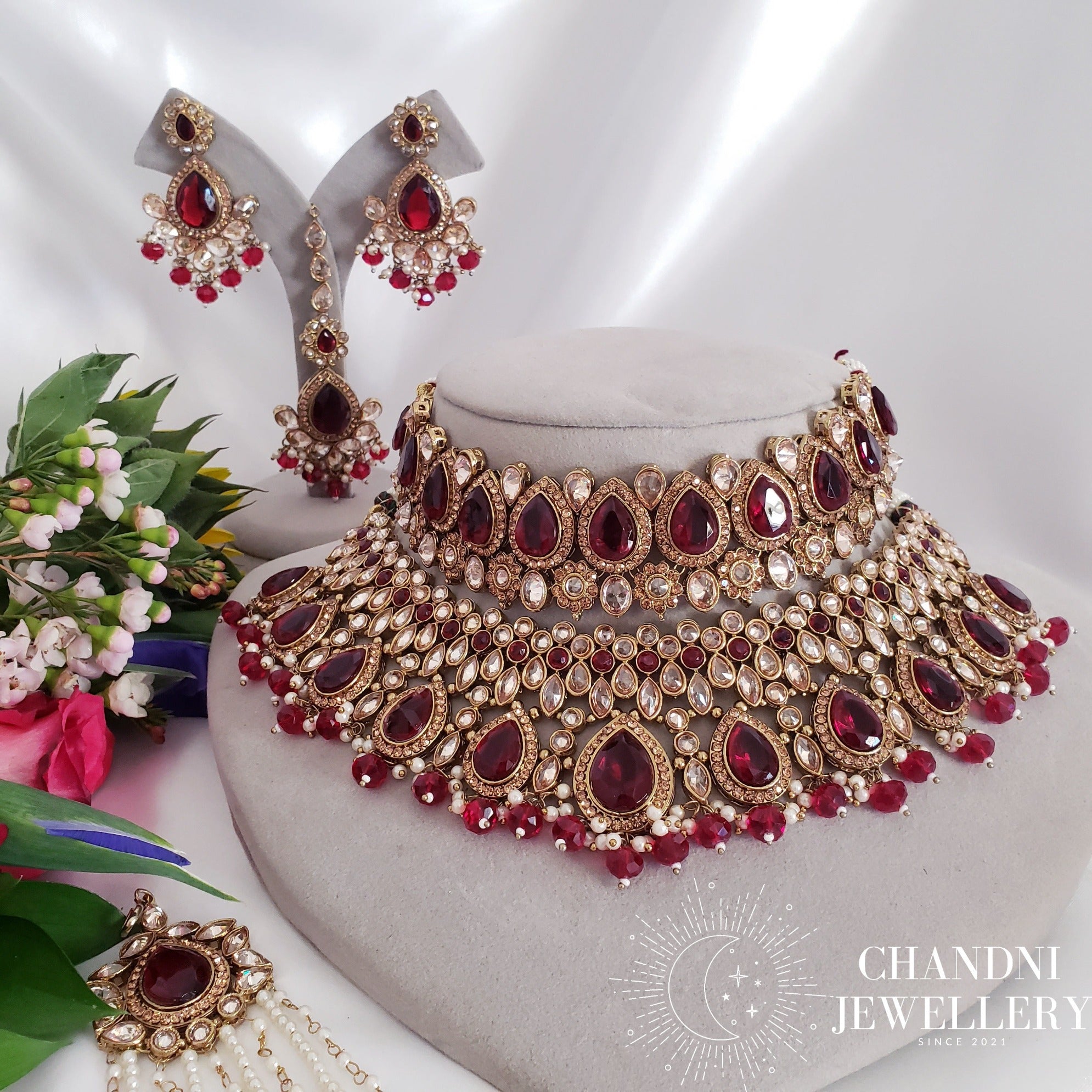 Chandramukhi Necklace Set - Red