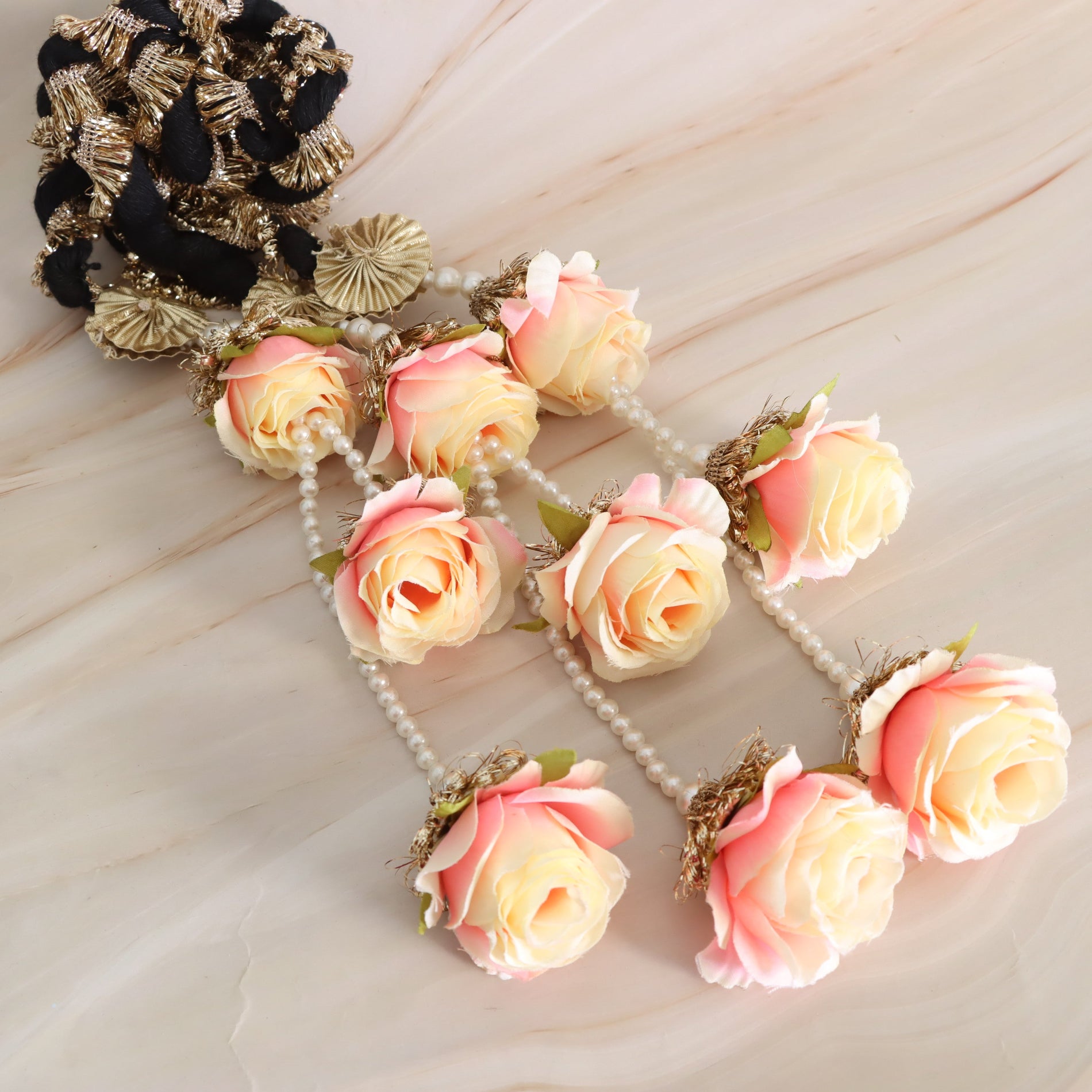 Decorative hair accessory with rose and beaded ends