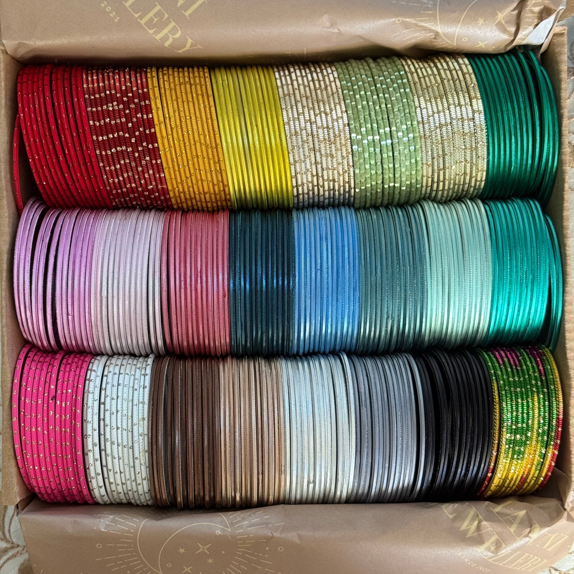 Box of various colourful of bangles